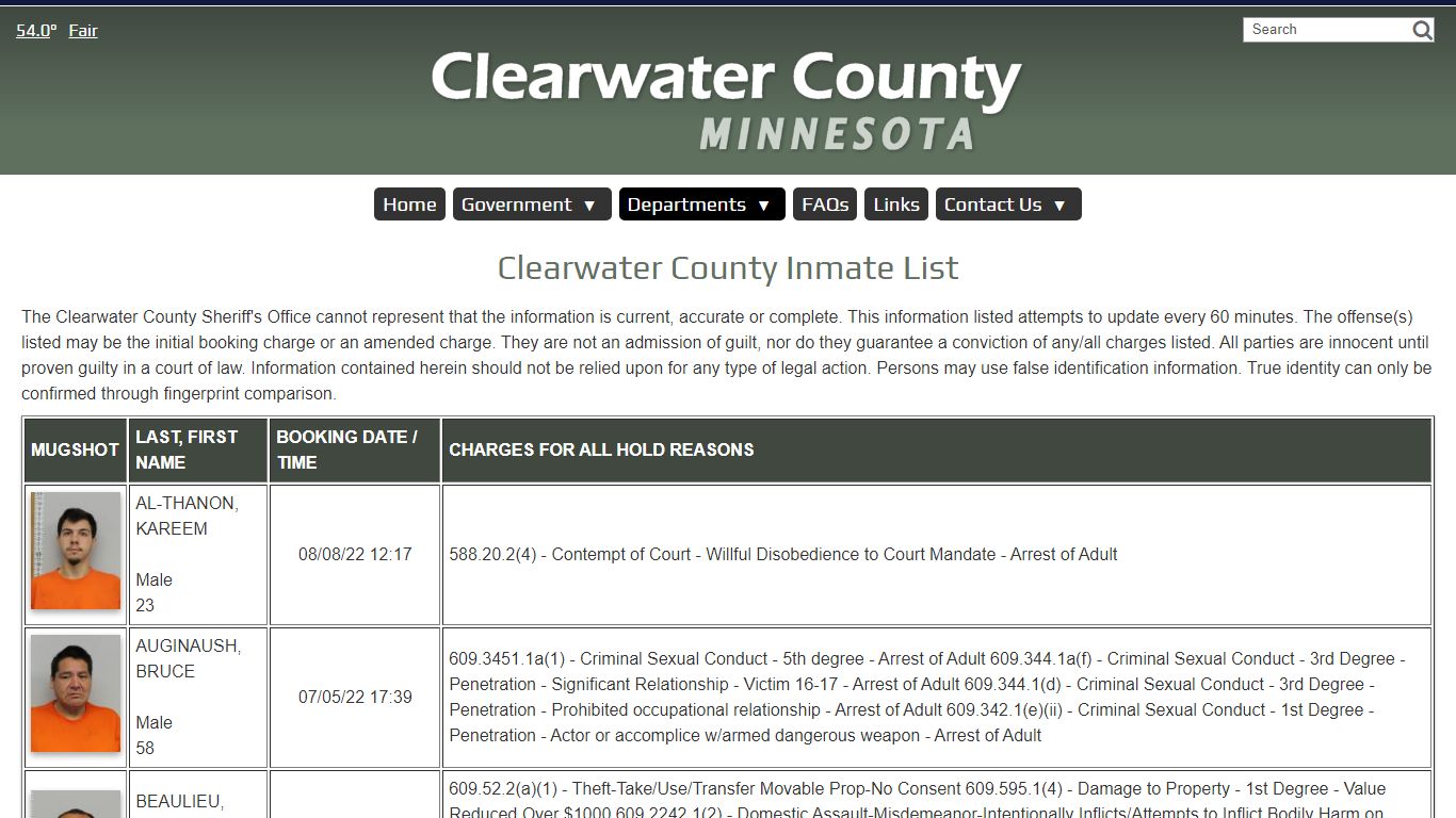 Inmate List - Clearwater County, MN