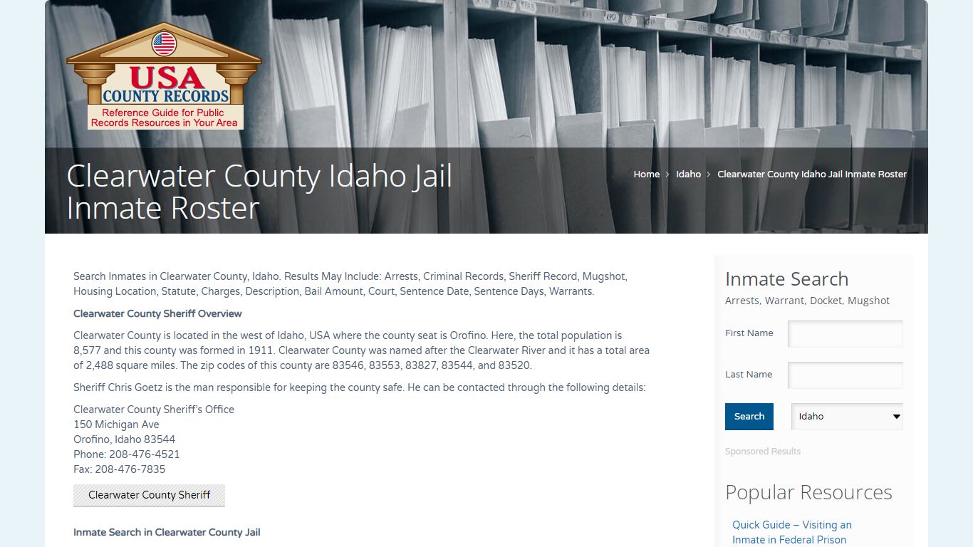 Clearwater County Idaho Jail Inmate Roster | Name Search